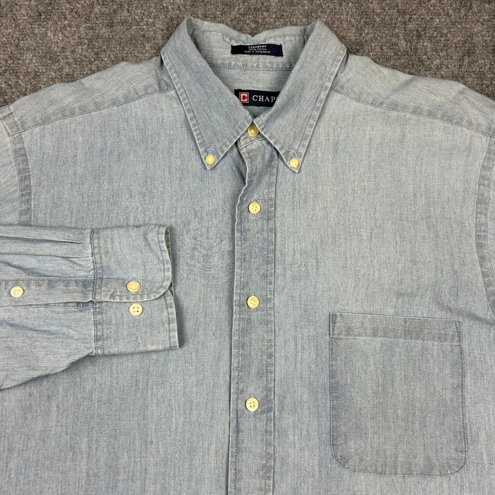 Chaps Chambray Shirt Mens 16-16.5 L Blue Cotton Button Down Long Sleeve Pocket